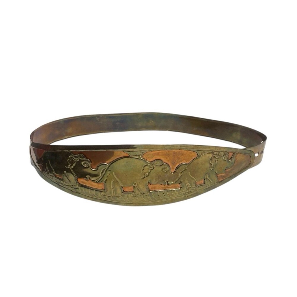 Vintage Belt Brass Copper Metal Embossed Elephant Engraved Size S (34"L) Adjust